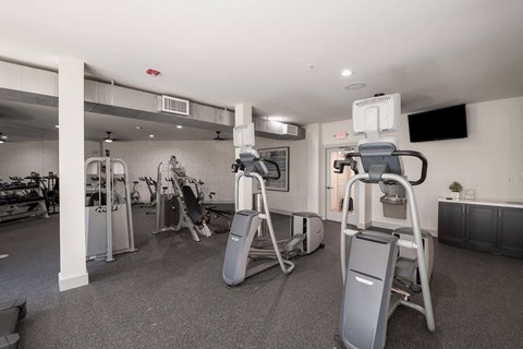 a gym with weights and cardio equipment in a building