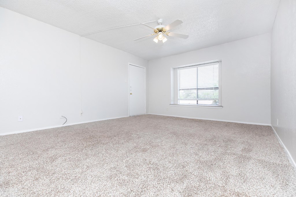 A room with a carpeted floor and a ceiling fan.