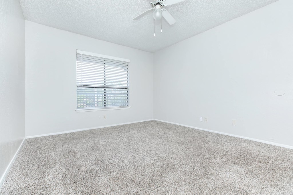 A room with a carpeted floor and a ceiling fan.