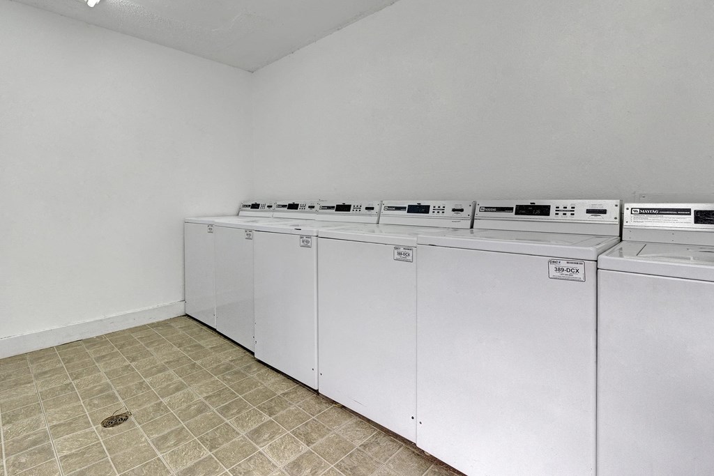 a row of washes and dryers in an empty laundry room