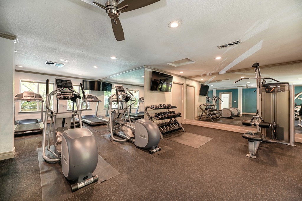 A well-equipped gym with a variety of exercise machines.
