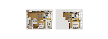 a split image of a bedroom and a living room