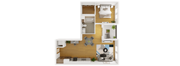 a 3d rendering of a bedroom and living room with a wood floor