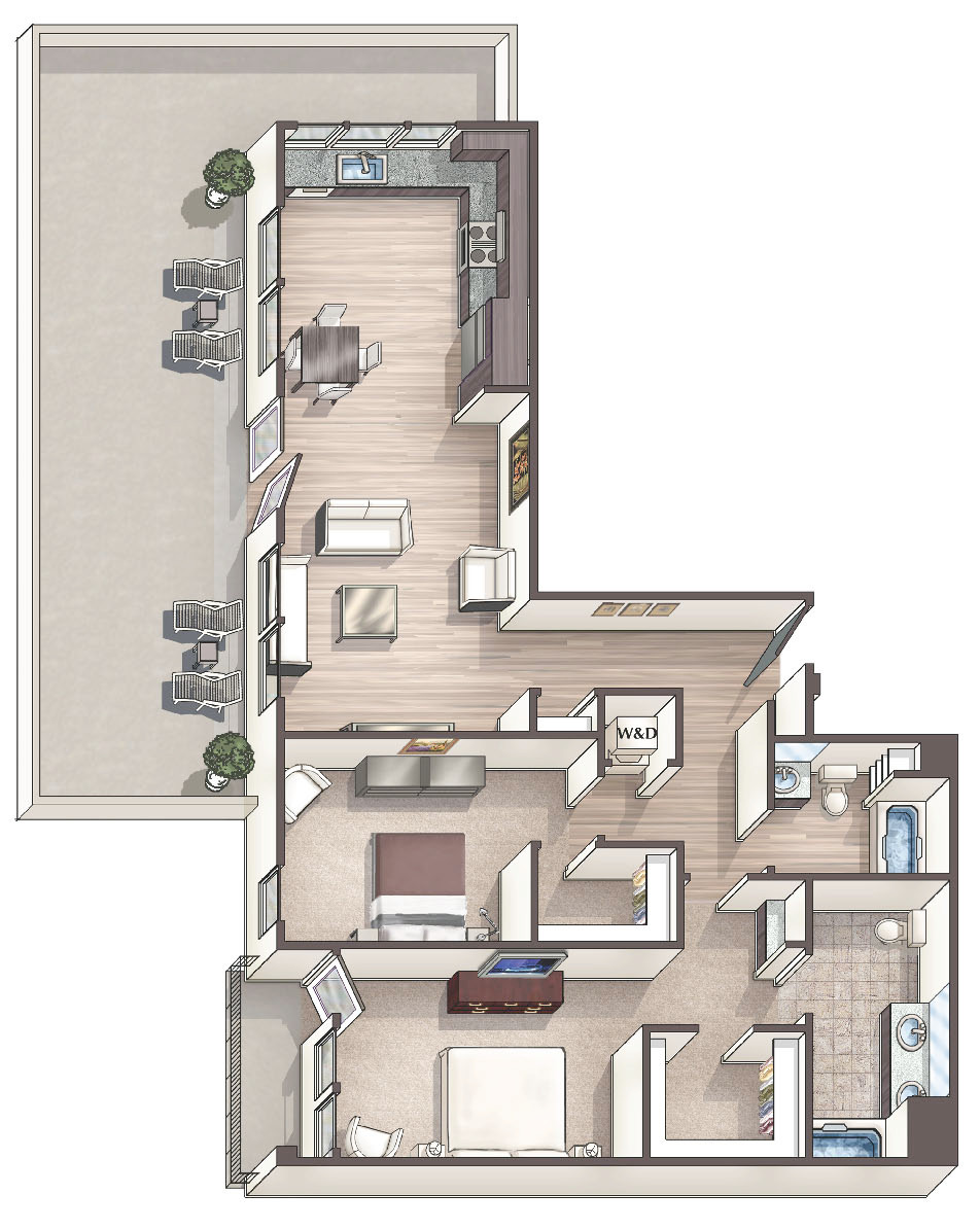 Chic C6 - 2 bedroom floorplan layout with 2 bathrooms and 1,354 square feet
