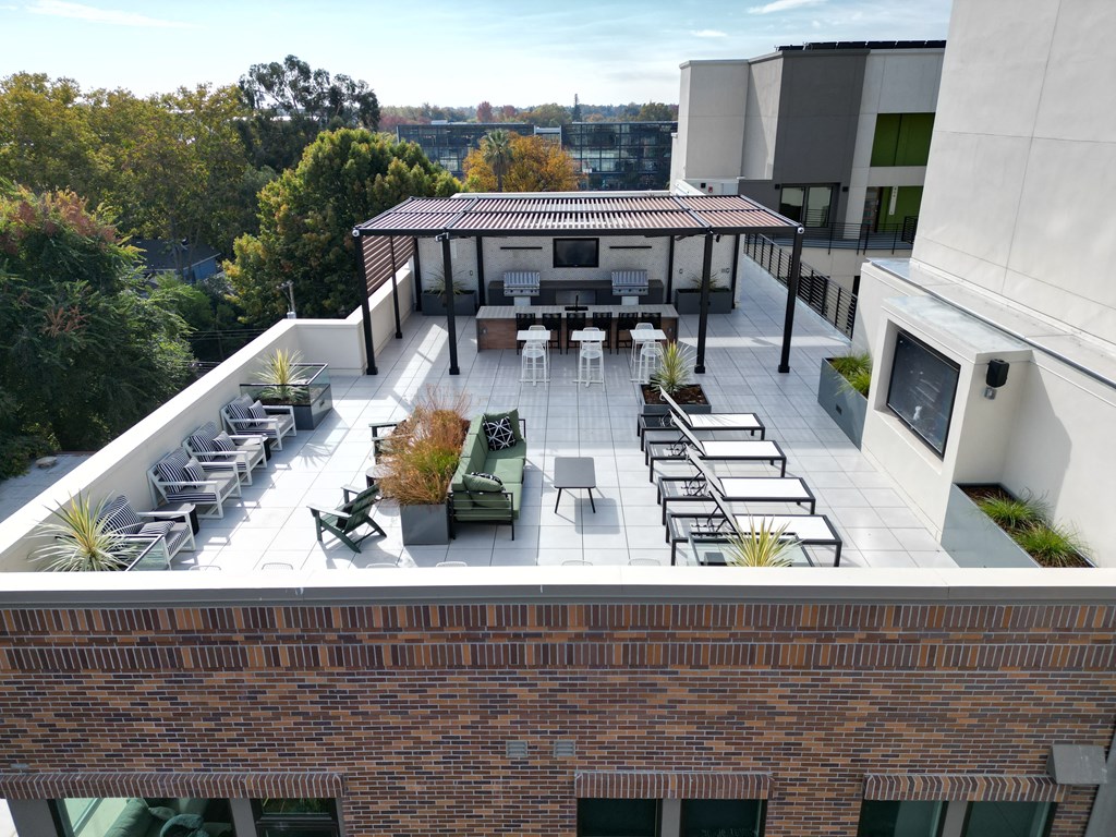 an aerial view of the Sky Lounge patio with tables and chairs