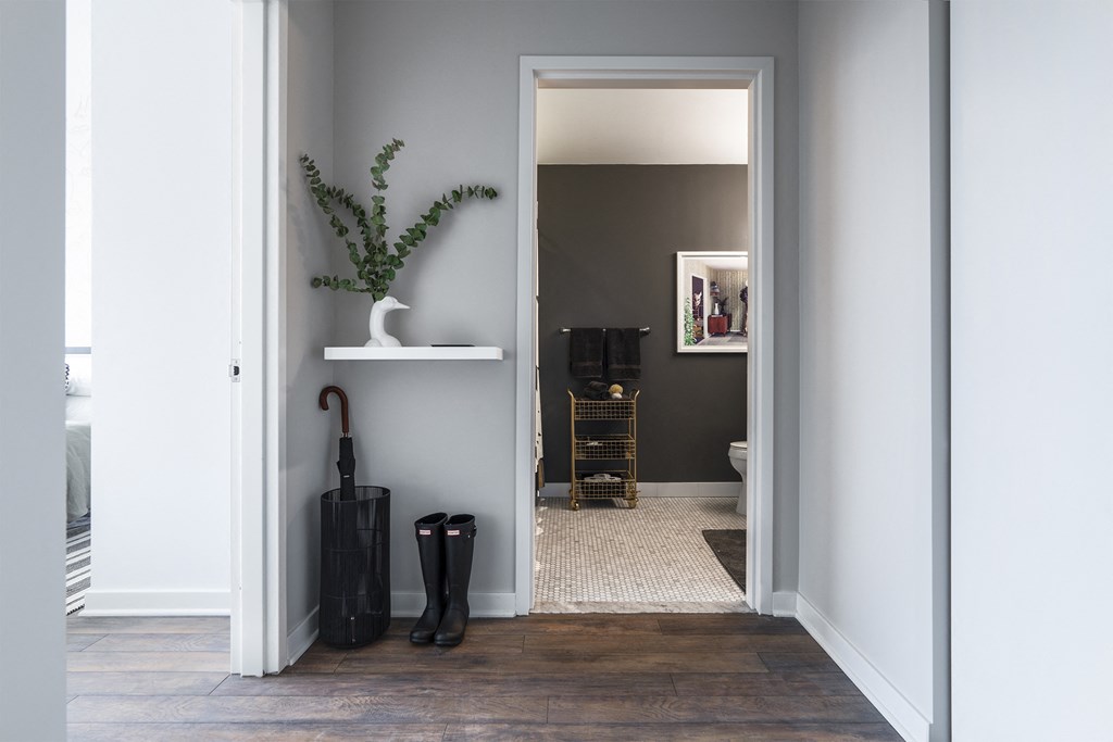 a hallway with black boots and a black umbrella and a vase with a plant