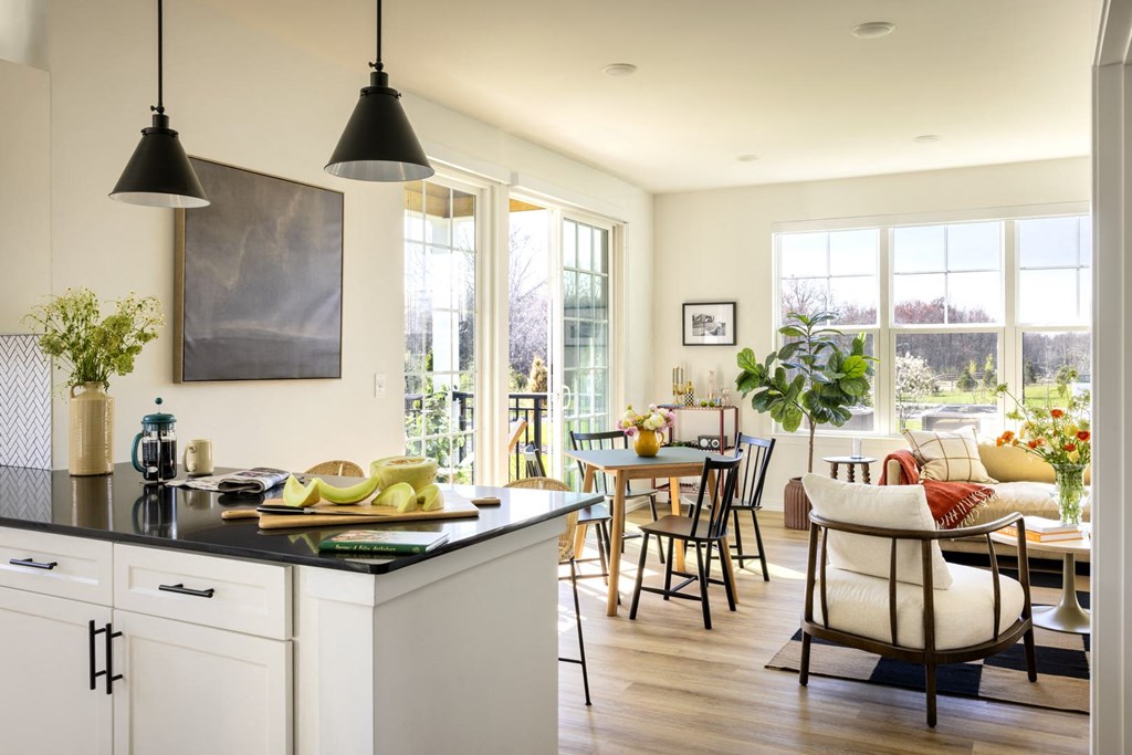 a kitchen and living room with a table and chairs