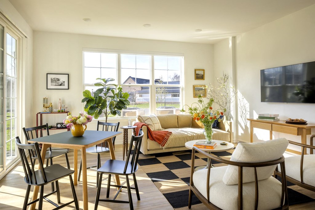 a living room and dining room with a checkered rug