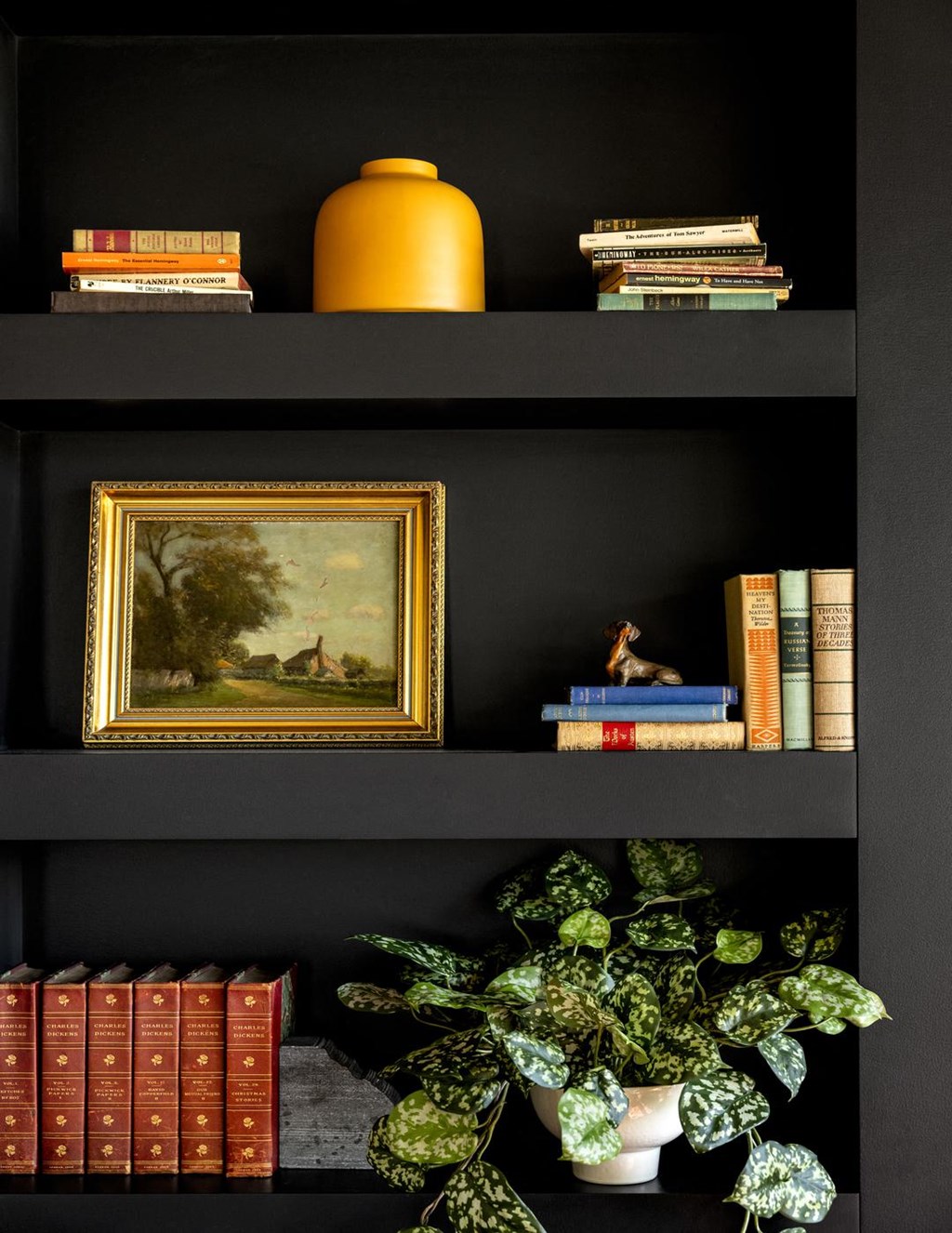 a bookshelf with books and a potted plant and a picture on it