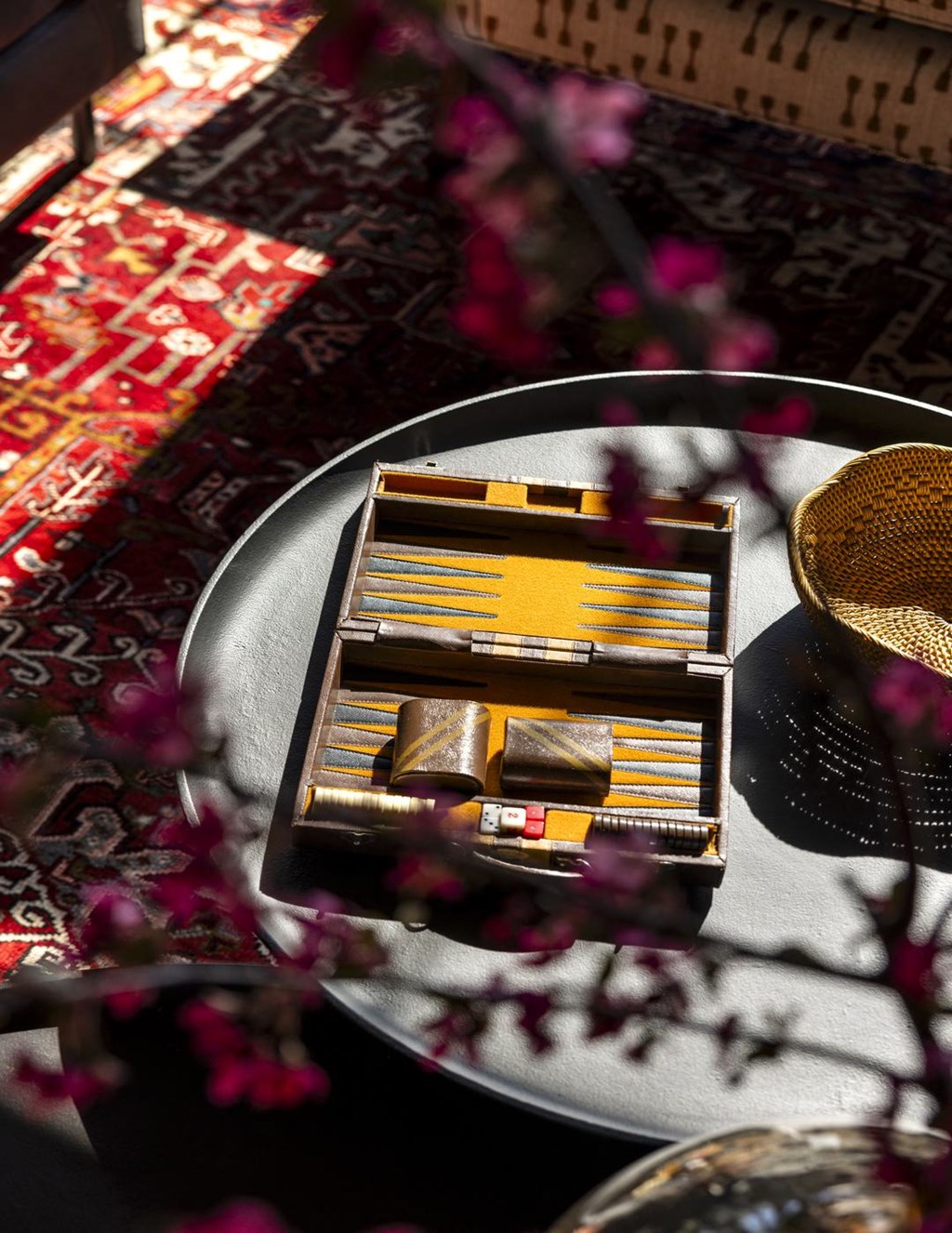 a glass table with a tray of cards on it