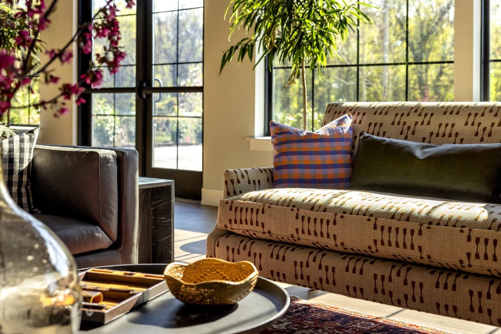 a living room with a couch and a coffee table