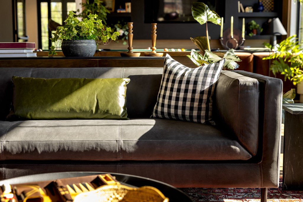 a couch with pillows in a living room with plants