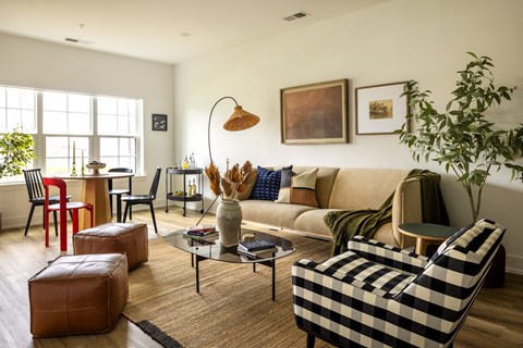 A living room with a black and white checkered chair.