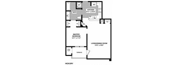 A floor plan of a hickory style home with a kitchen, master bedroom, and living/dining room.