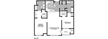 A black and white image of a floor plan for a Willow apartment.