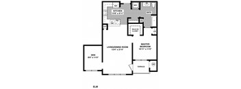 A floor plan of a home with a kitchen, living/dining room, and master bedroom.
