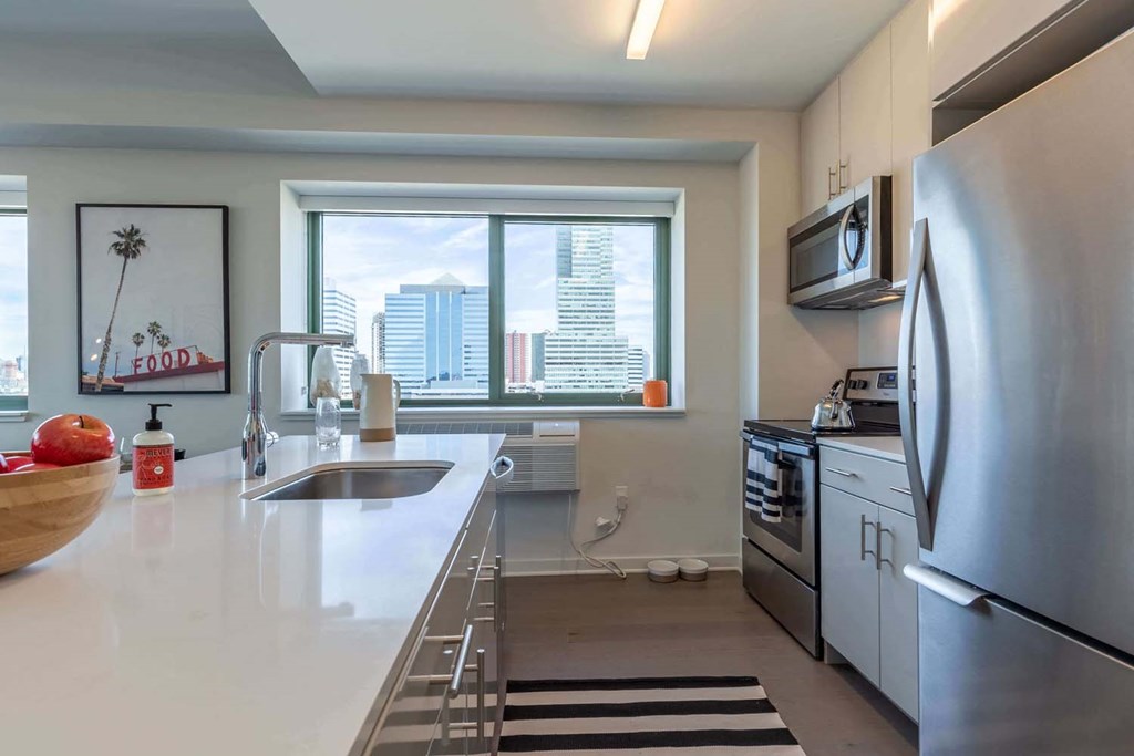 a kitchen with stainless steel appliances and a large window