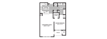 A floor plan of a house with a kitchen, bath, living/dining room, and master bedroom.