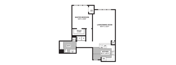 A black and white image of a floor plan for a home with a master bedroom, living/dining room, kitchen, and bathroom.