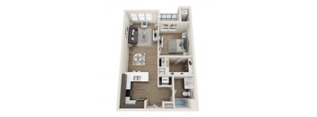 A floor plan of a one bedroom apartment with a living room, kitchen, and bathroom.
