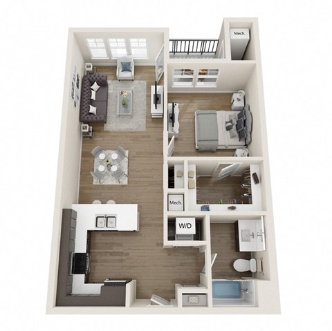 A floor plan of a one bedroom apartment with a living room, kitchen, and bathroom.