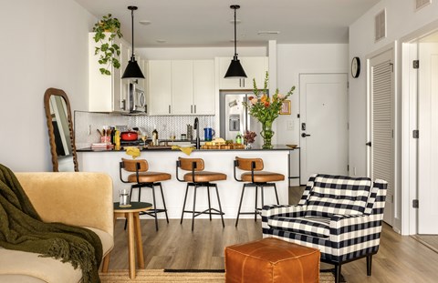 A kitchen with a bar and a checkered chair.