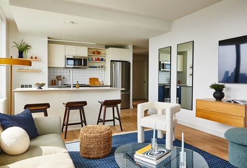 a living room with a kitchen in the background and a blue rug