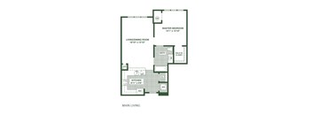 A floor plan of a main living area showing a master bedroom, a living/dining room, a kitchen, and a bathroom.