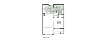 A floor plan of a house with a kitchen, living room, and bathroom.