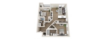 A 3D floor plan of a house with labeled rooms.