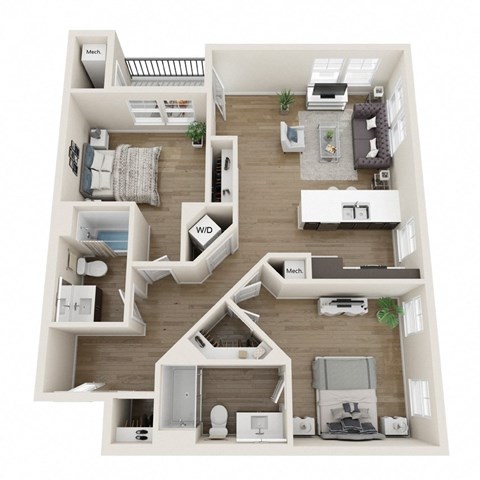 A 3D floor plan of a house with labeled rooms.