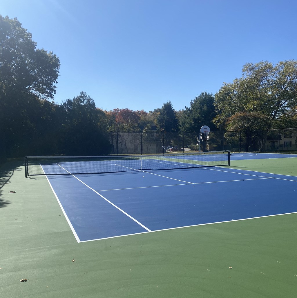 a blue tennis court with a net on a tennis court