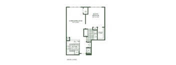 A floor plan of a main living area showing a living/dining room, kitchen, bath, and two bedrooms.