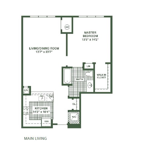 A floor plan of a main living area showing a living/dining room, kitchen, bath, and two bedrooms.