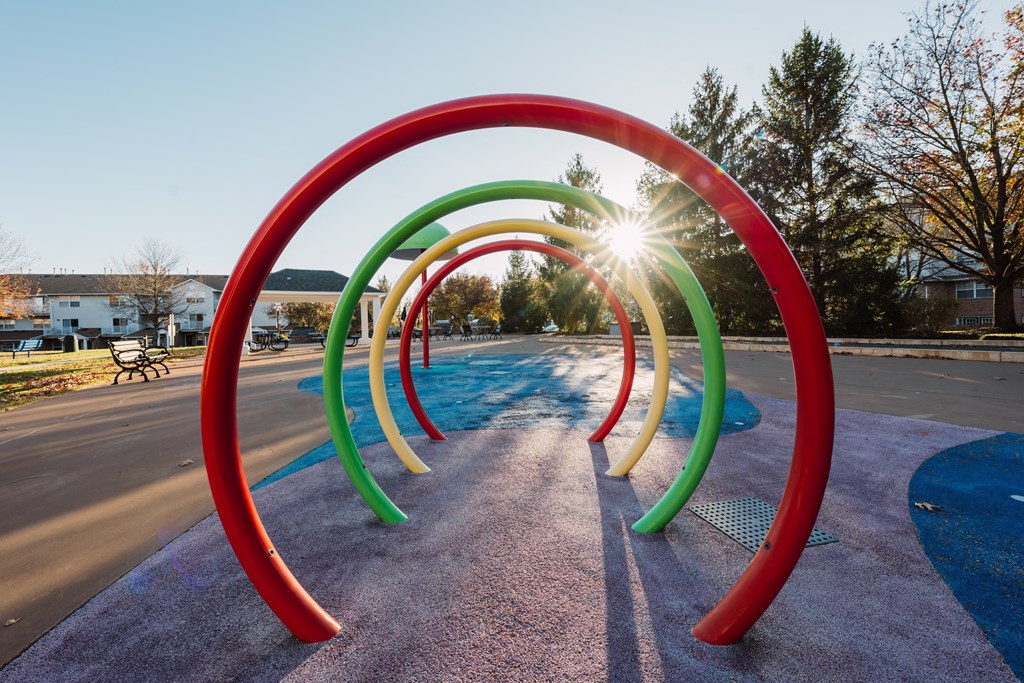 a row of rainbow hula hoops in a park