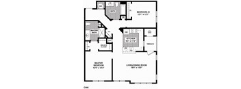 A black and white image of a floor plan for a home with a master bedroom, a living/dining room, a kitchen, and a bathroom.