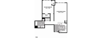 A floor plan of a house with a master bedroom, living/dining room, kitchen, and bathroom.