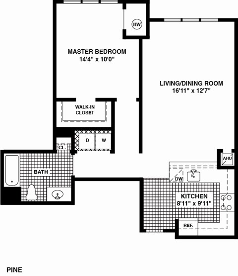 A floor plan of a house with a master bedroom, living/dining room, kitchen, and bathroom.