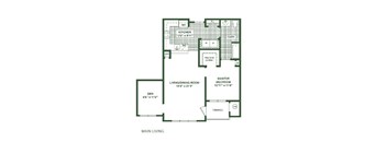 A floor plan of a house with a kitchen, living room, dining room, terrace, and two bedrooms.