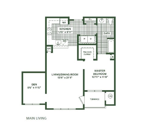 A floor plan of a house with a kitchen, living room, dining room, terrace, and two bedrooms.