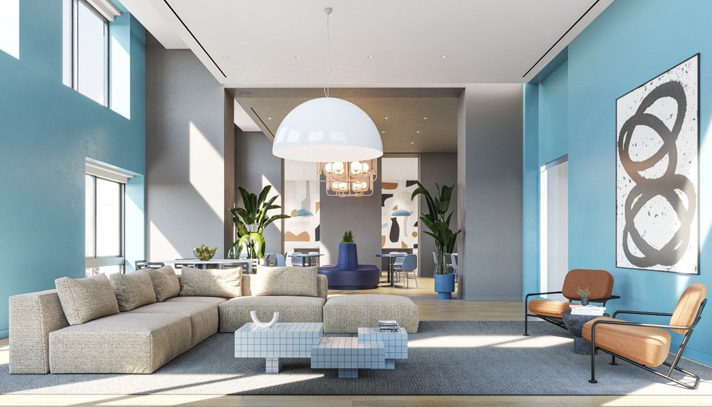 a rendering of a living room with blue walls and furniture
