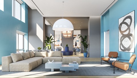 a rendering of a living room with blue walls and furniture