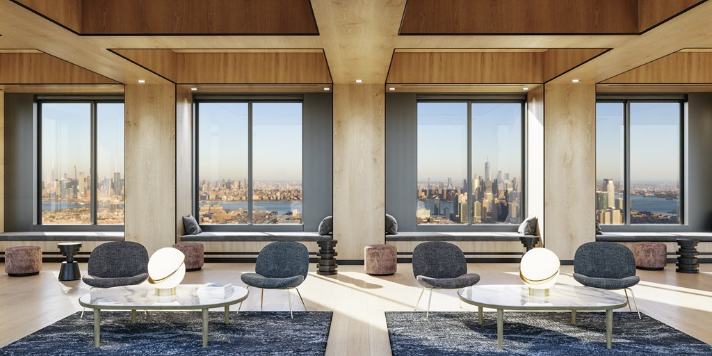 a rendering of a living room with a view of the nyc skyline