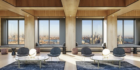 a rendering of a living room with a view of the nyc skyline