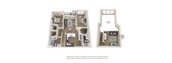 A diagram of a house with two rooms and a kitchen.