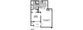 A floor plan of a hickory style home with a kitchen, master bedroom, and living/dining room.