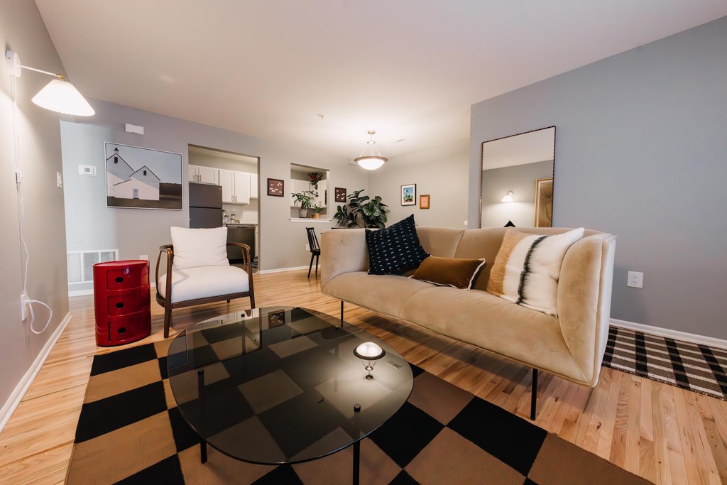 a living room with a checkered rug and a couch