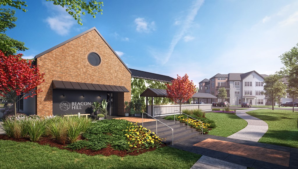 a rendering of a brick building with a path leading up to it