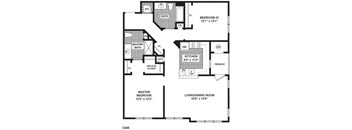 A black and white image of a floor plan for a home with a master bedroom, a living/dining room, a kitchen, a bath, and a walk-in closet.