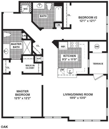 A black and white image of a floor plan for a home with a master bedroom, a living/dining room, a kitchen, a bath, and a walk-in closet.